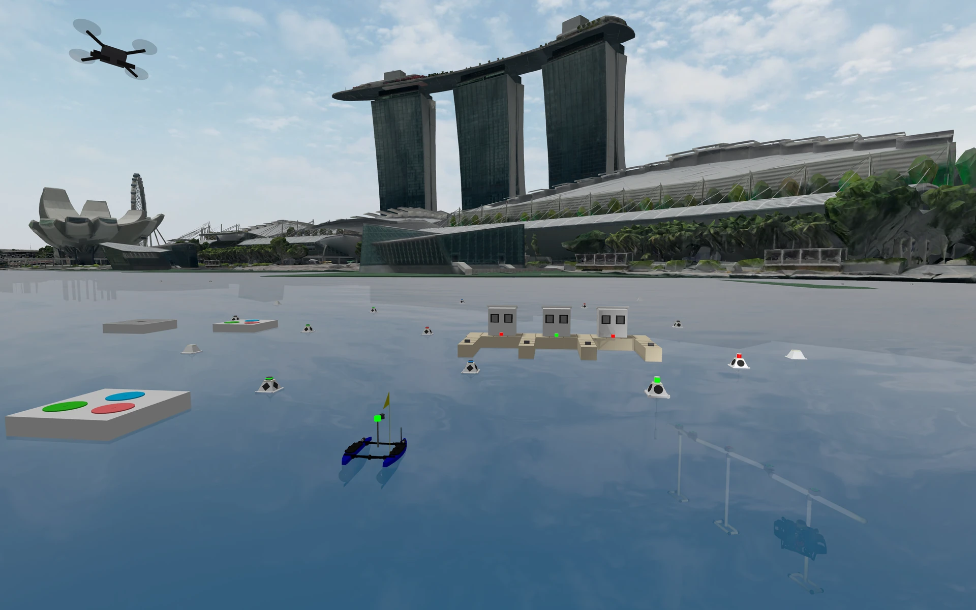Gazebo course with aerial, surface and underwater vehicles around the maritime task areas