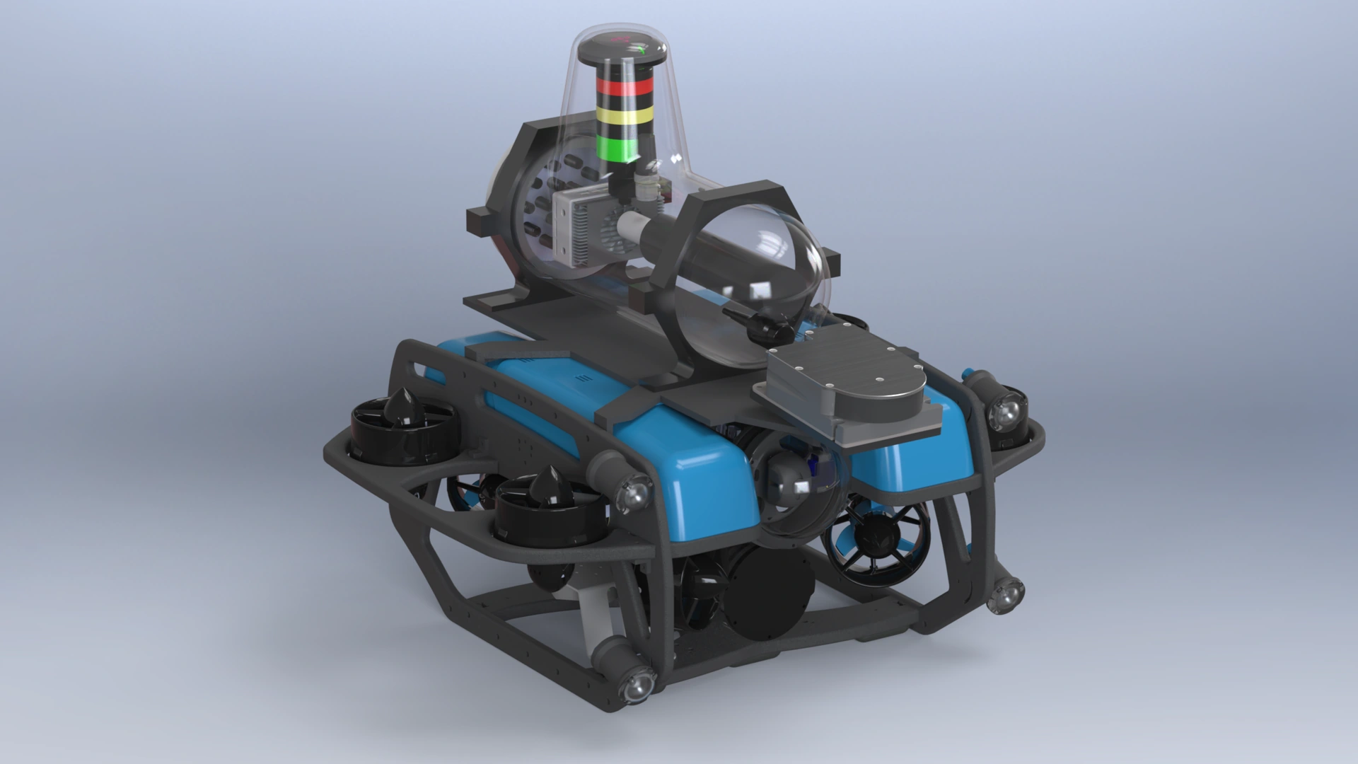 UUV 1.0 from the right, with forward sonar, transparent upper enclosure and eight-thruster frame