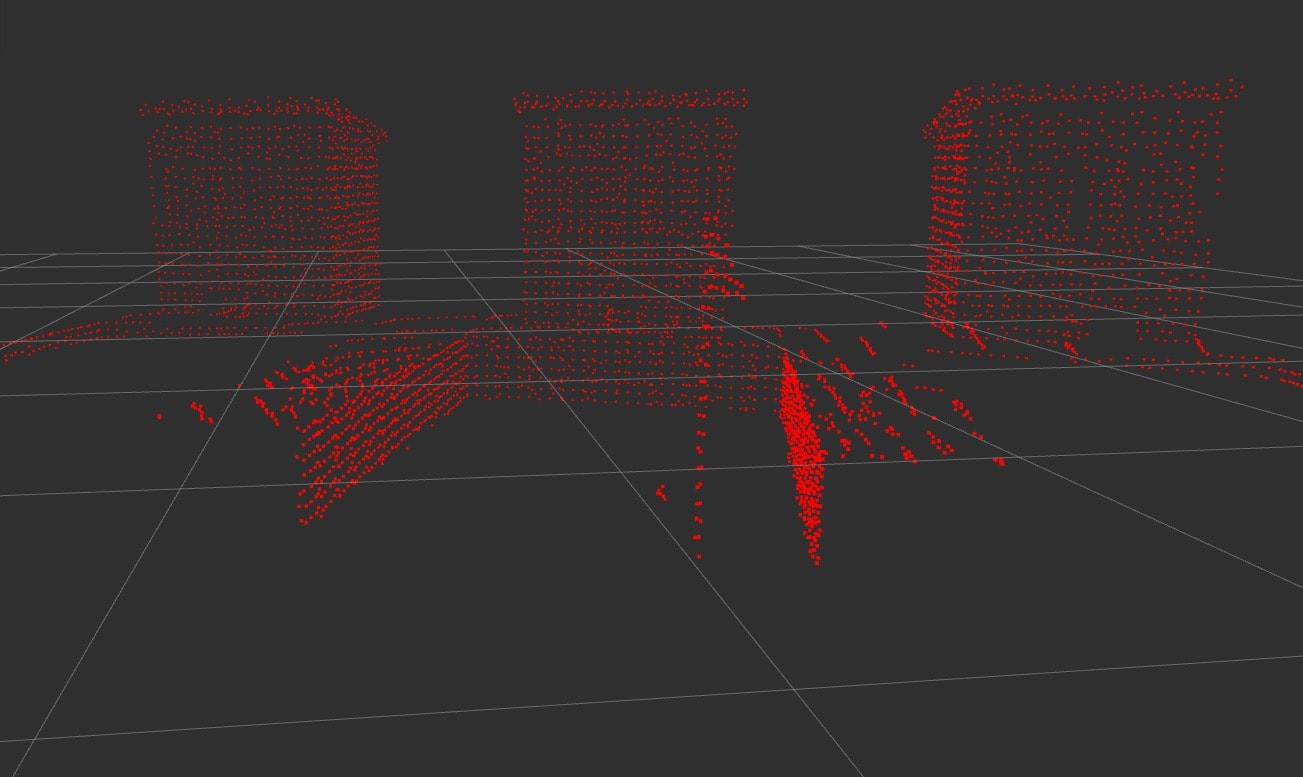 Filtered LiDAR point cloud of three docking bays in Gazebo