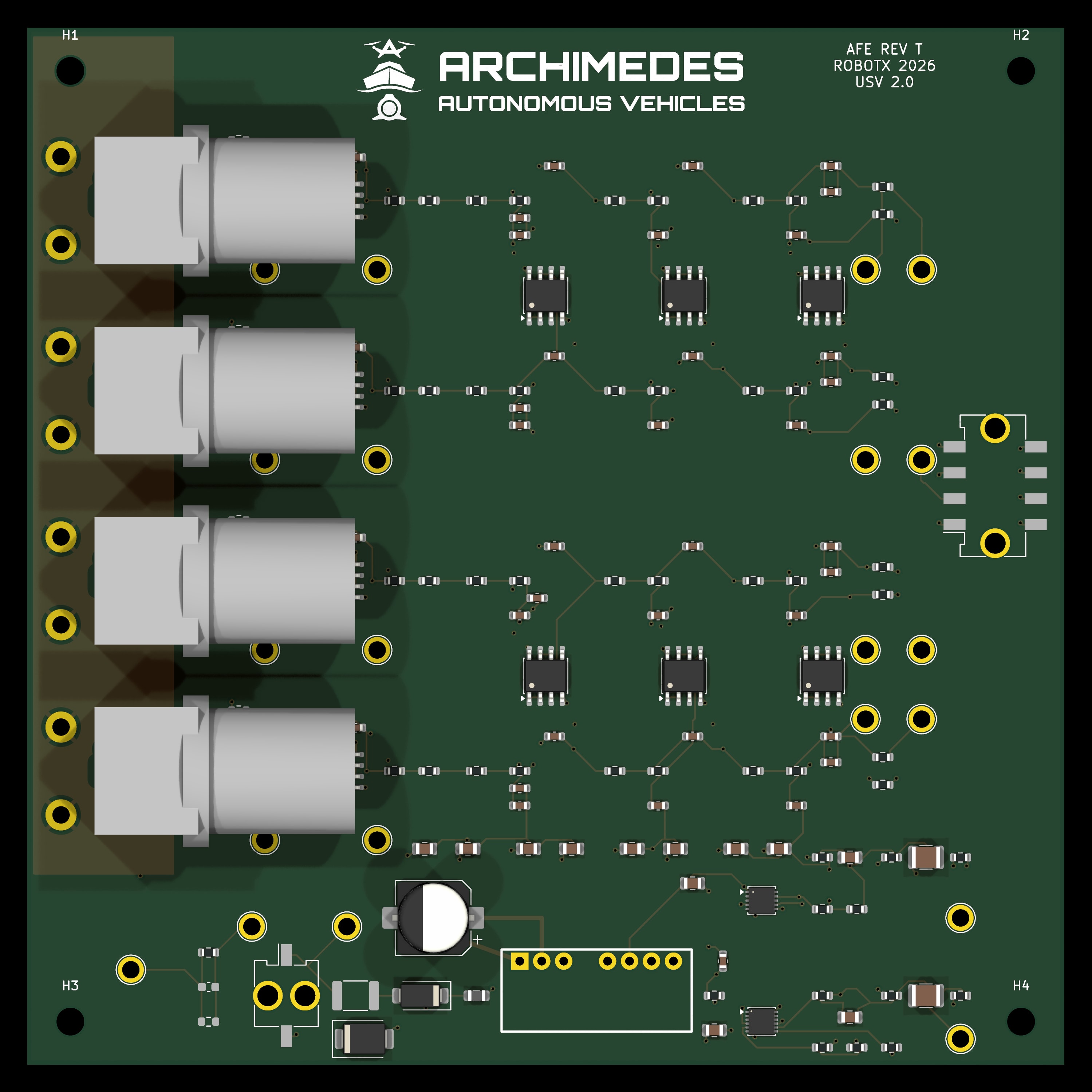 USV 2.0 four-channel analogue front-end PCB with hydrophone inputs
