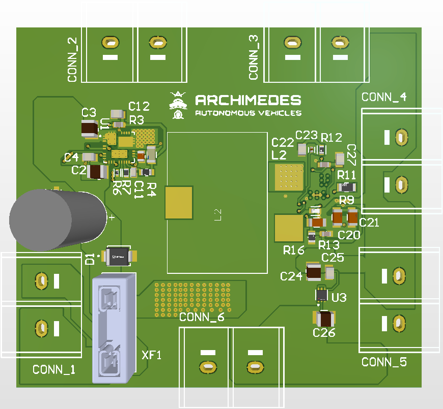 USV 2.0 power distribution board, top view with voltage-regulation components and power connections
