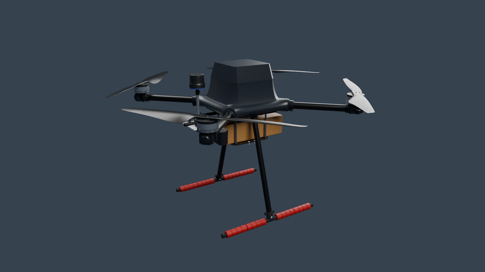 UAV 3.0 CAD showing the protected electronics enclosure, four rotors, GPS mast and red landing-skid sleeves.
