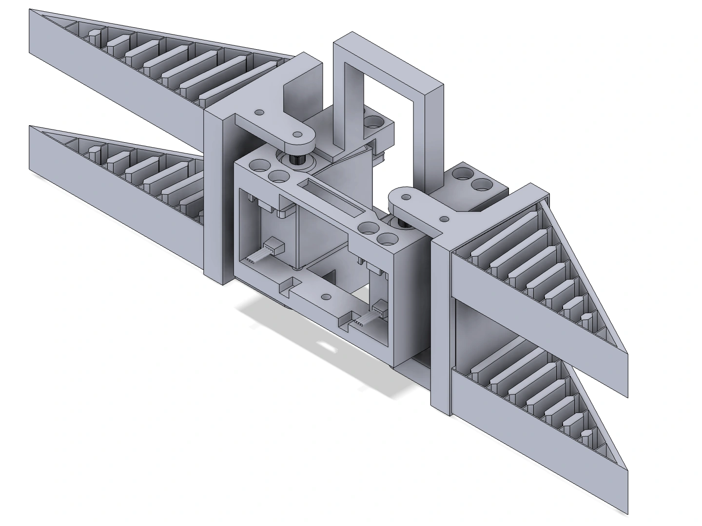 UAV tin-gripper CAD showing the opposed gripping surfaces and central actuator linkage