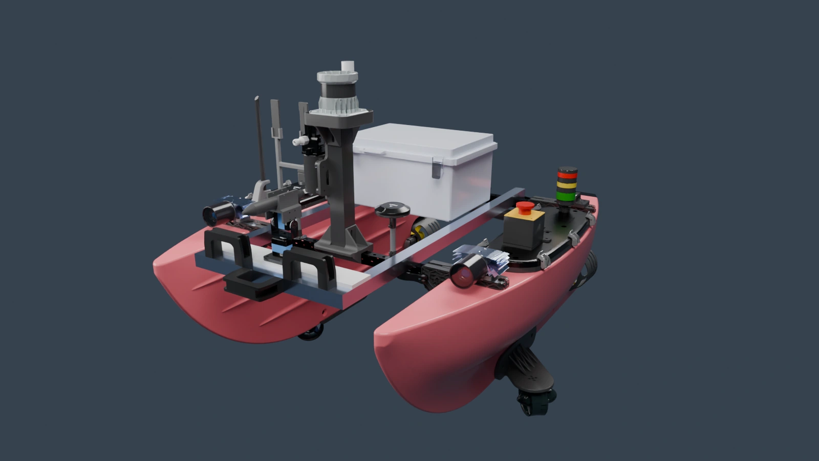 USV 2.0 CAD showing coral twin hulls, four thrusters, LiDAR, cameras and the protected electronics enclosure.