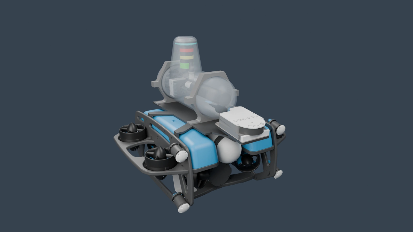 UUV 1.0 CAD with its front facing right, showing the sonar, upper enclosure and eight-thruster frame.
