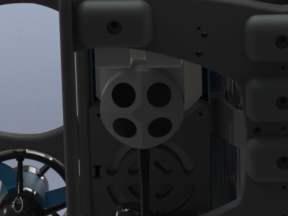 Close-up of the underside-mounted WaterLinked DVL and its four circular transducers