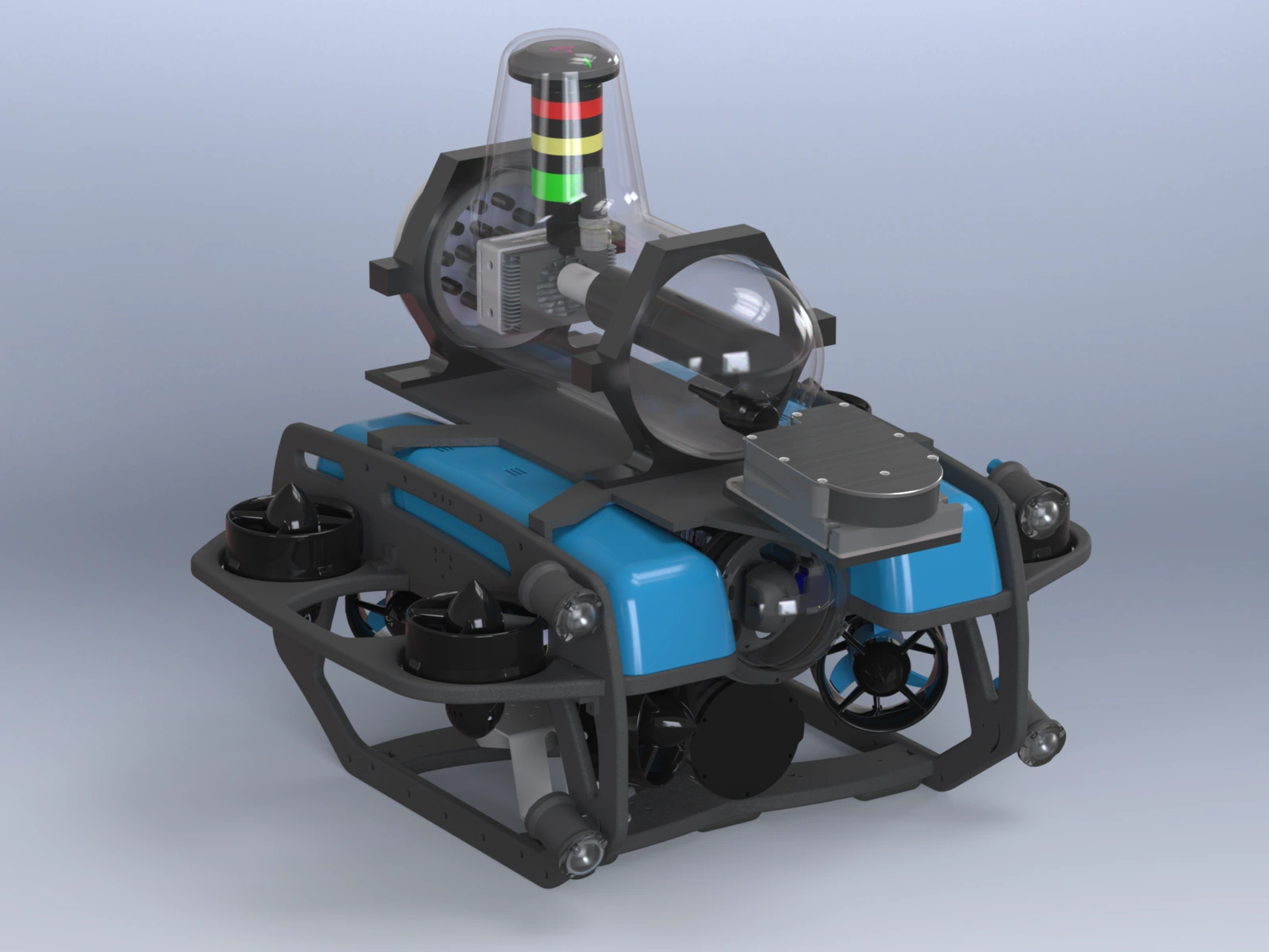 Right-side isometric view of UUV 1.0 showing its sonar, inspection camera and lights