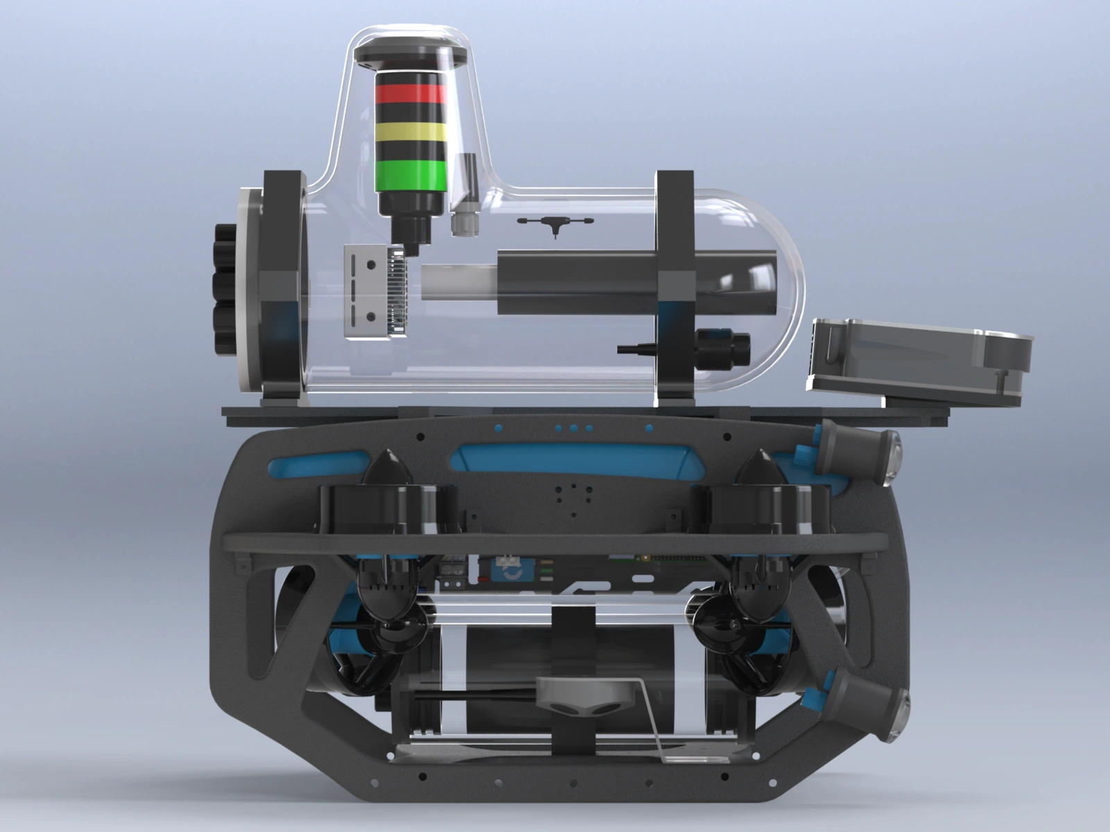 Side view of UUV 1.0 showing the transparent upper enclosure, communications equipment and sonar