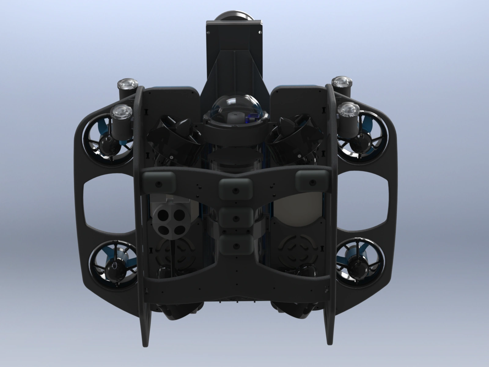 Underside of UUV 1.0 showing thrusters, lower frame and DVL